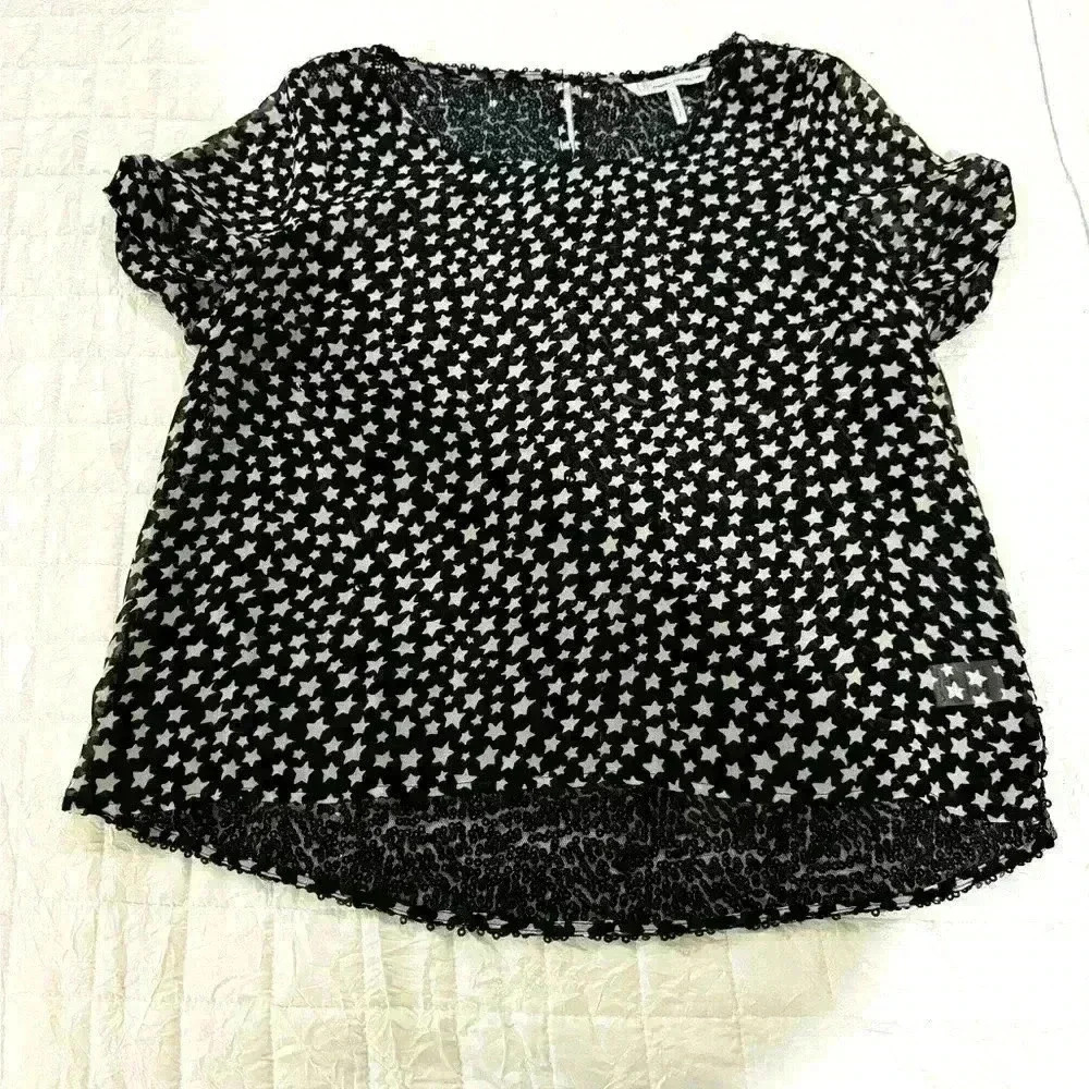 French Connection Small Black Gray Sheer Star Pattern Top Sequined Back